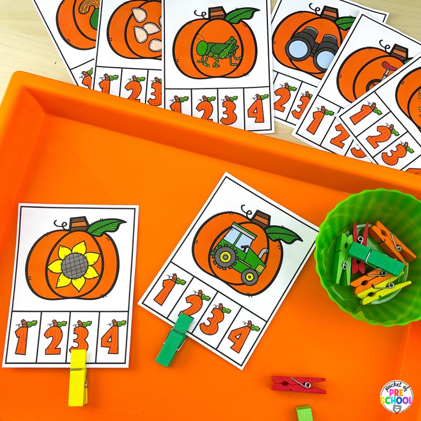 Pumpkin Math and Literacy Centers for Preschool, Pre-K, and Kindergarten 12 Pumpkin Math and Literacy Centers are loaded with fun, hands-on pumpkin-themed activities to help your students build math and literacy concepts! Now includes two fine motor activities, one writing center, six literacy activities, and eight math activities.