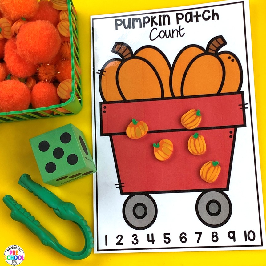 Pumpkin Math and Literacy Centers for Preschool, Pre-K, and Kindergarten 10 Pumpkin Math and Literacy Centers are loaded with fun, hands-on pumpkin-themed activities to help your students build math and literacy concepts! Now includes two fine motor activities, one writing center, six literacy activities, and eight math activities.