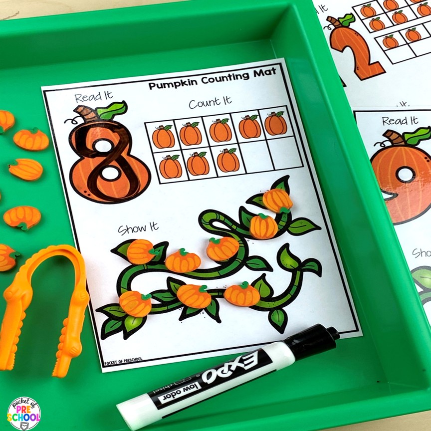 Pumpkin Math and Literacy Centers for Preschool, Pre-K, and Kindergarten 11 Pumpkin Math and Literacy Centers are loaded with fun, hands-on pumpkin-themed activities to help your students build math and literacy concepts! Now includes two fine motor activities, one writing center, six literacy activities, and eight math activities.