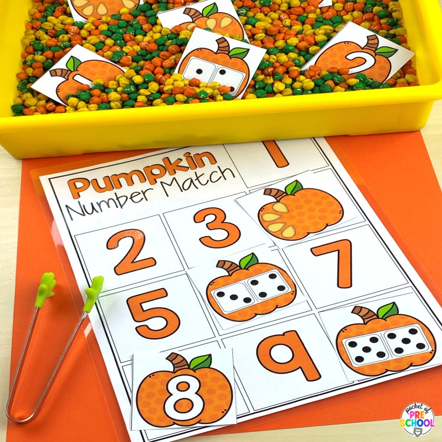 Pumpkin Math and Literacy Centers for Preschool, Pre-K, and Kindergarten 8 Pumpkin Math and Literacy Centers are loaded with fun, hands-on pumpkin-themed activities to help your students build math and literacy concepts! Now includes two fine motor activities, one writing center, six literacy activities, and eight math activities.