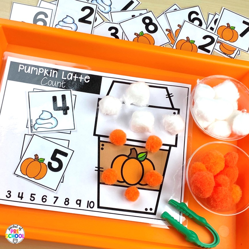 Pumpkin Math and Literacy Centers for Preschool, Pre-K, and Kindergarten 9 Pumpkin Math and Literacy Centers are loaded with fun, hands-on pumpkin-themed activities to help your students build math and literacy concepts! Now includes two fine motor activities, one writing center, six literacy activities, and eight math activities.