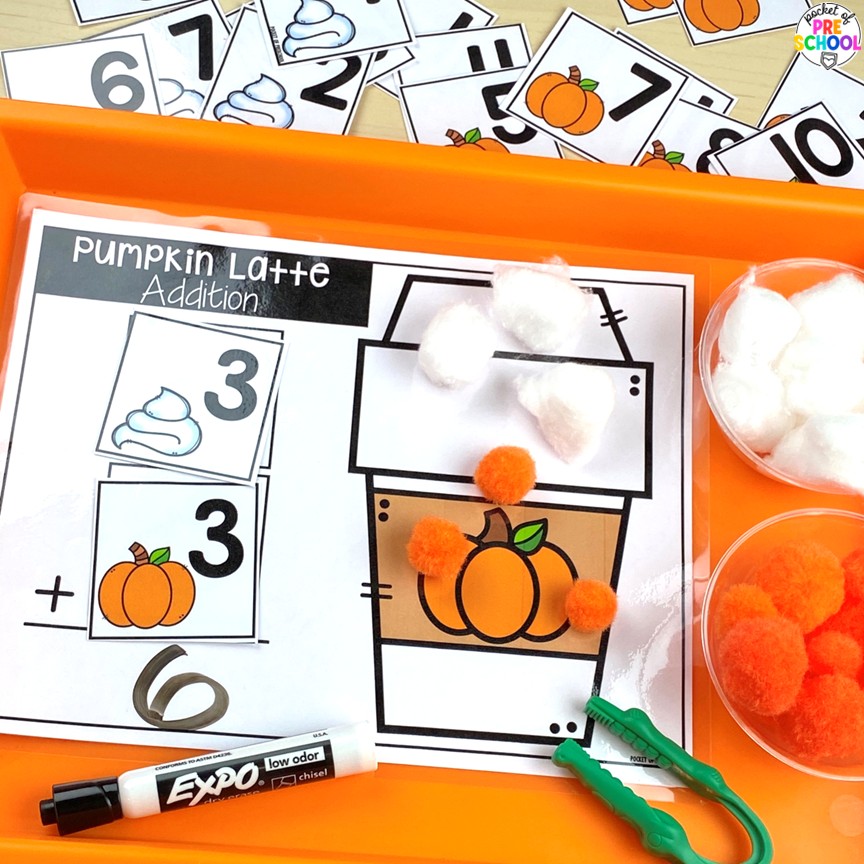 Pumpkin Math and Literacy Centers for Preschool, Pre-K, and Kindergarten 7 Pumpkin Math and Literacy Centers are loaded with fun, hands-on pumpkin-themed activities to help your students build math and literacy concepts! Now includes two fine motor activities, one writing center, six literacy activities, and eight math activities.