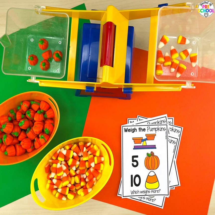 Pumpkin Math and Literacy Centers for Preschool, Pre-K, and Kindergarten 3 Pumpkin Math and Literacy Centers are loaded with fun, hands-on pumpkin-themed activities to help your students build math and literacy concepts! Now includes two fine motor activities, one writing center, six literacy activities, and eight math activities.