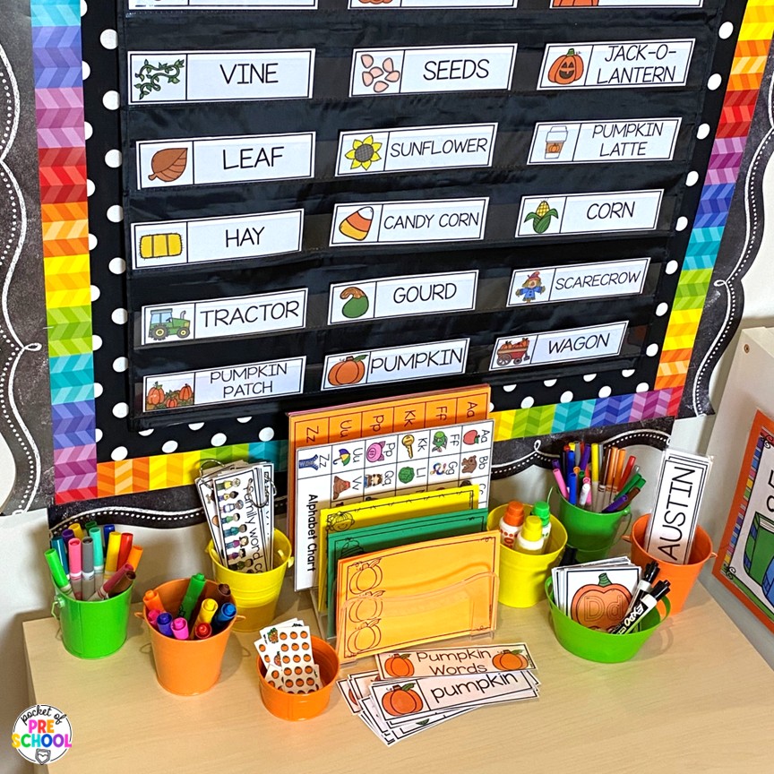 Pumpkin Math and Literacy Centers for Preschool, Pre-K, and Kindergarten 19 Pumpkin Math and Literacy Centers are loaded with fun, hands-on pumpkin-themed activities to help your students build math and literacy concepts! Now includes two fine motor activities, one writing center, six literacy activities, and eight math activities.