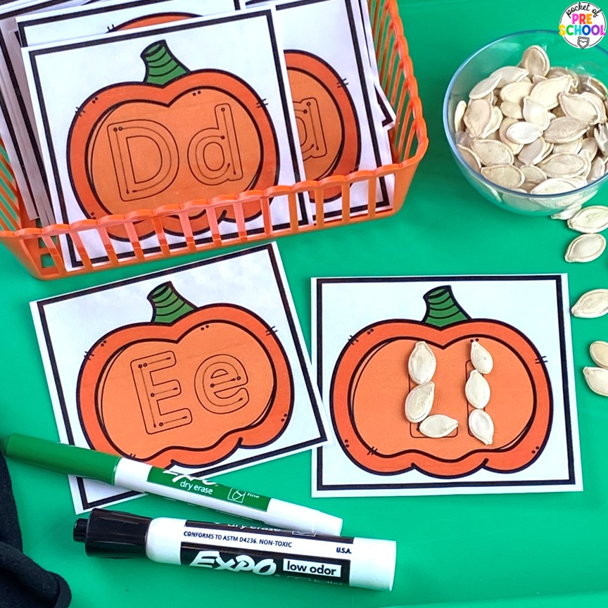 Pumpkin Math and Literacy Centers for Preschool, Pre-K, and Kindergarten 17 Pumpkin Math and Literacy Centers are loaded with fun, hands-on pumpkin-themed activities to help your students build math and literacy concepts! Now includes two fine motor activities, one writing center, six literacy activities, and eight math activities.
