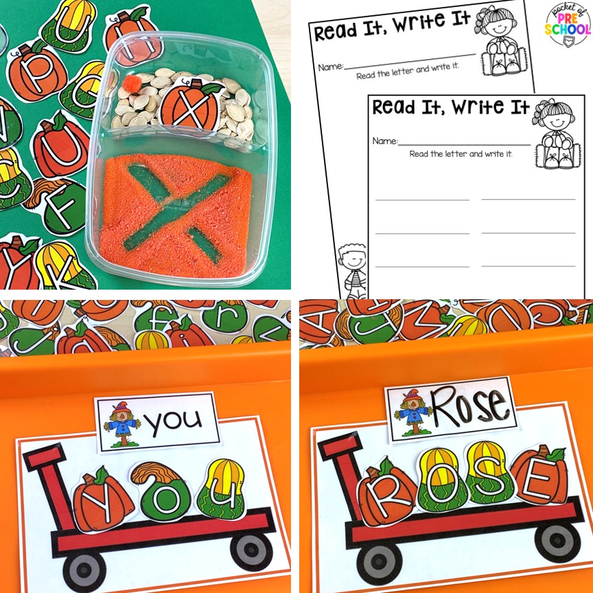 Pumpkin Math and Literacy Centers for Preschool, Pre-K, and Kindergarten 16 Pumpkin Math and Literacy Centers are loaded with fun, hands-on pumpkin-themed activities to help your students build math and literacy concepts! Now includes two fine motor activities, one writing center, six literacy activities, and eight math activities.