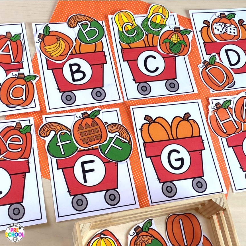 Pumpkin Math and Literacy Centers for Preschool, Pre-K, and Kindergarten 14 Pumpkin Math and Literacy Centers are loaded with fun, hands-on pumpkin-themed activities to help your students build math and literacy concepts! Now includes two fine motor activities, one writing center, six literacy activities, and eight math activities.