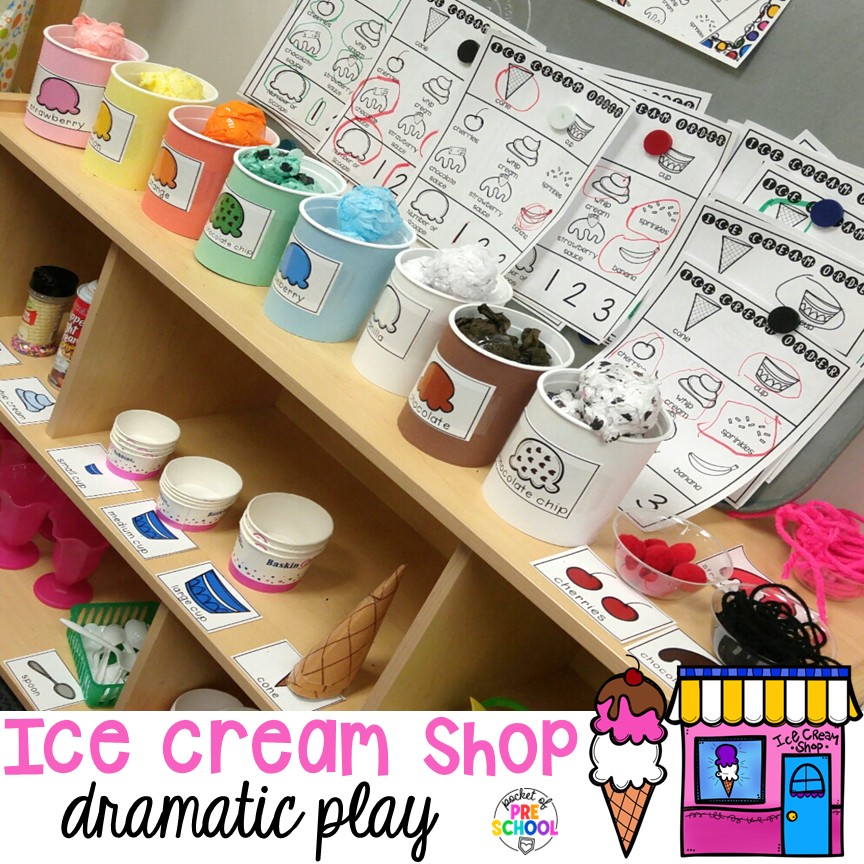 Create an ice cream shop in your dramatic play area for hours of fun! Your preschool, pre-k, and kindergarten students will love taking orders, creating ice cream sundaes, and eating at the creamery!