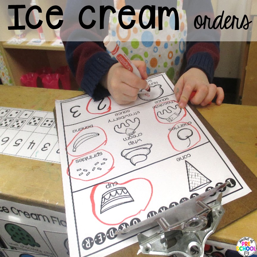 Ice Cream Shop Dramatic Play! How to set it up and embed learning opportunities. Perfect for preschool, pre-k, and kindergarten classrooms. Ice cream orders! Create an ice cream shop in your dramatic play area for hours of fun! Your preschool, pre-k, and kindergarten students will love taking orders, creating ice cream sundaes, and eating at the creamery!