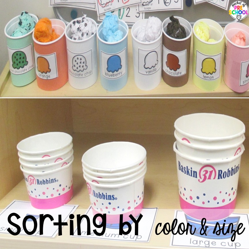 Ice Cream Shop Dramatic Play! How to set it up and embed learning opportunities. Perfect for preschool, pre-k, and kindergarten classrooms. Sorting by color & size! Create an ice cream shop in your dramatic play area for hours of fun! Your preschool, pre-k, and kindergarten students will love taking orders, creating ice cream sundaes, and eating at the creamery!
