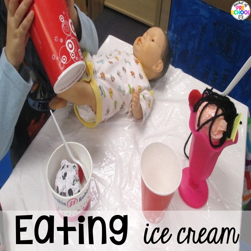 Ice Cream Shop Dramatic Play! How to set it up and embed learning opportunities. Perfect for preschool, pre-k, and kindergarten classrooms. Eating ice cream! Create an ice cream shop in your dramatic play area for hours of fun! Your preschool, pre-k, and kindergarten students will love taking orders, creating ice cream sundaes, and eating at the creamery!