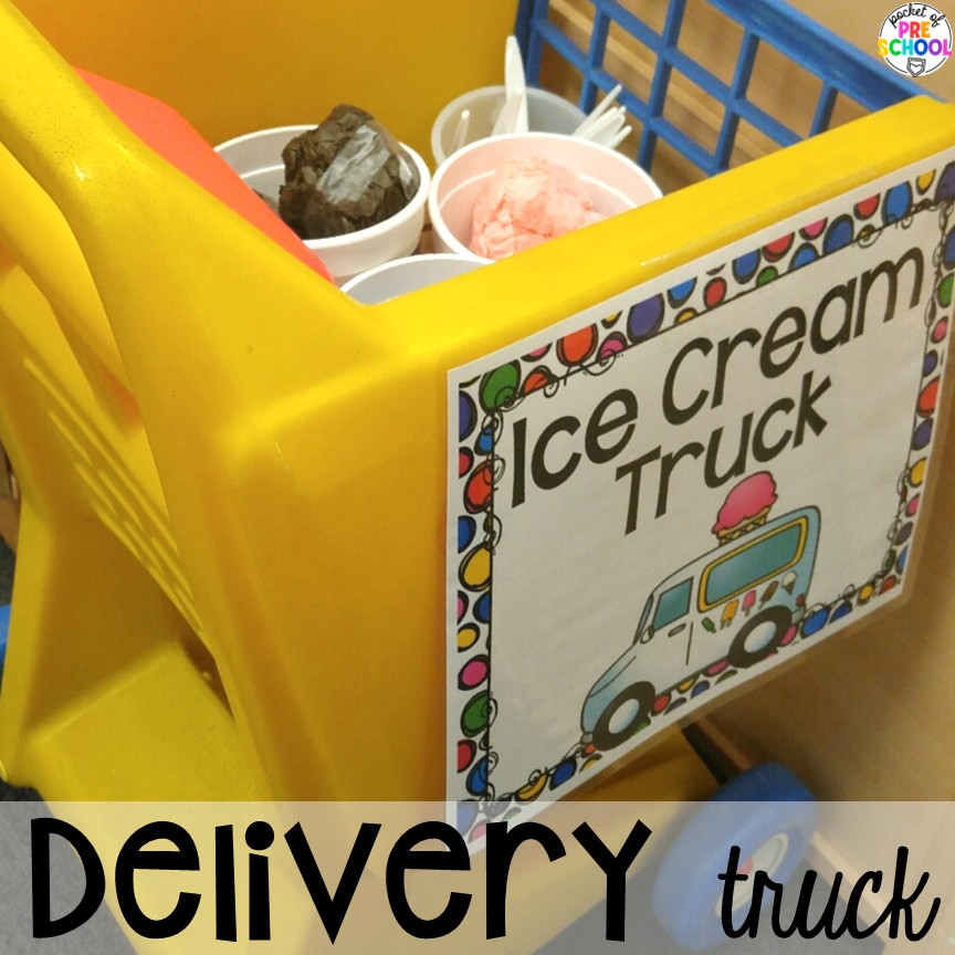 Ice Cream Shop Dramatic Play! How to set it up and embed learning opportunities. Perfect for preschool, pre-k, and kindergarten classrooms. Delivery truck! Create an ice cream shop in your dramatic play area for hours of fun! Your preschool, pre-k, and kindergarten students will love taking orders, creating ice cream sundaes, and eating at the creamery!