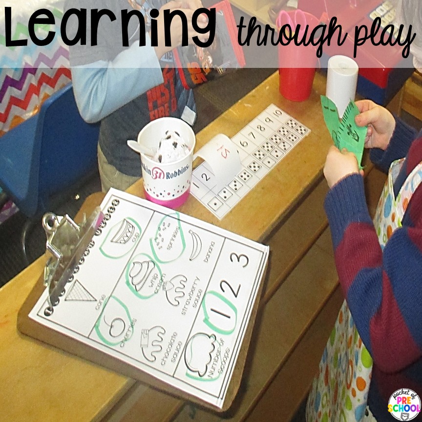 Ice Cream Shop Dramatic Play! How to set it up and embed learning opportunities. Perfect for preschool, pre-k, and kindergarten classrooms. Learning through play! Create an ice cream shop in your dramatic play area for hours of fun! Your preschool, pre-k, and kindergarten students will love taking orders, creating ice cream sundaes, and eating at the creamery!