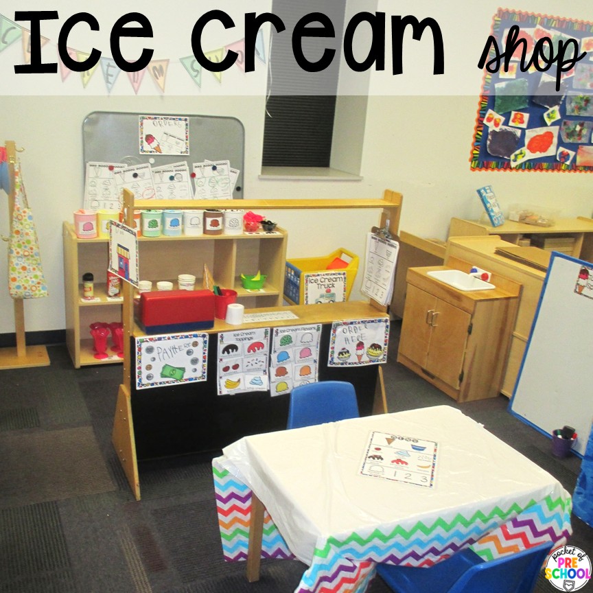 Ice Cream Shop Dramatic Play! How to set it up and embed learning opportunities. Perfect for preschool, pre-k, and kindergarten classrooms. Create an ice cream shop in your dramatic play area for hours of fun! Your preschool, pre-k, and kindergarten students will love taking orders, creating ice cream sundaes, and eating at the creamery!