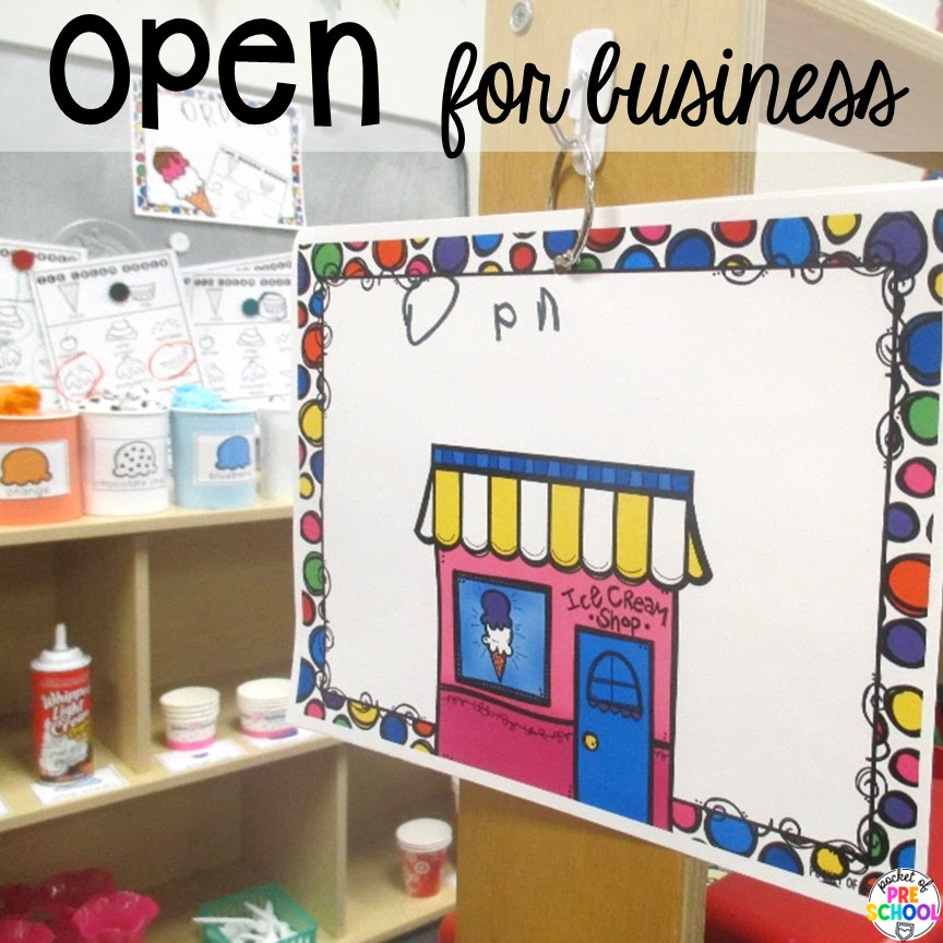 Ice Cream Shop Dramatic Play! How to set it up and embed learning opportunities. Perfect for preschool, pre-k, and kindergarten classrooms. Open for business! Create an ice cream shop in your dramatic play area for hours of fun! Your preschool, pre-k, and kindergarten students will love taking orders, creating ice cream sundaes, and eating at the creamery!