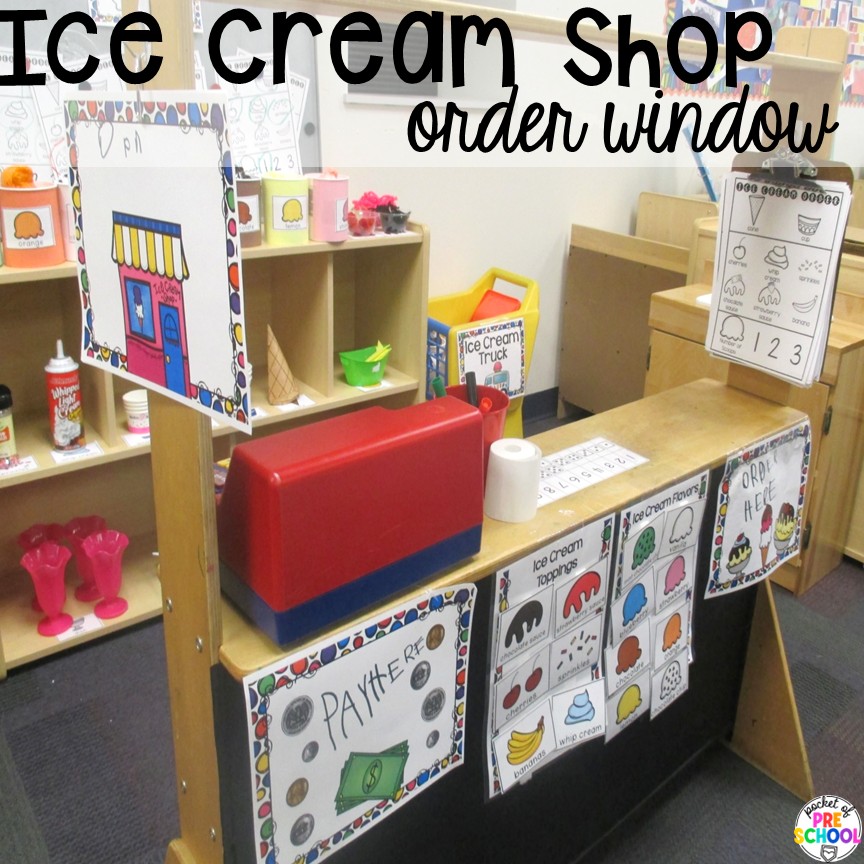 Ice Cream Shop Dramatic Play! How to set it up and embed learning opportunities. Perfect for preschool, pre-k, and kindergarten classrooms. Ice cream shop order window! Create an ice cream shop in your dramatic play area for hours of fun! Your preschool, pre-k, and kindergarten students will love taking orders, creating ice cream sundaes, and eating at the creamery!
