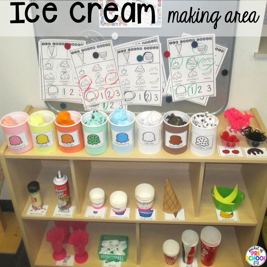 Ice Cream Shop Dramatic Play! How to set it up and embed learning opportunities. Perfect for preschool, pre-k, and kindergarten classrooms. Ice cream making area! Create an ice cream shop in your dramatic play area for hours of fun! Your preschool, pre-k, and kindergarten students will love taking orders, creating ice cream sundaes, and eating at the creamery!