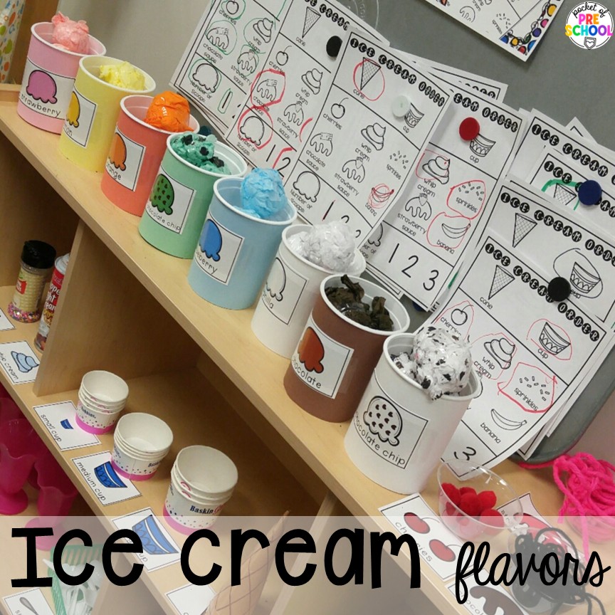 Ice Cream Shop Dramatic Play! How to set it up and embed learning opportunities. Perfect for preschool, pre-k, and kindergarten classrooms. Ice cream flavors! Create an ice cream shop in your dramatic play area for hours of fun! Your preschool, pre-k, and kindergarten students will love taking orders, creating ice cream sundaes, and eating at the creamery!