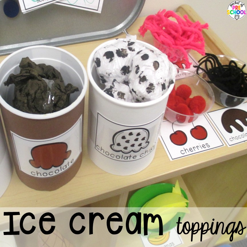 Ice Cream Shop Dramatic Play! How to set it up and embed learning opportunities. Perfect for preschool, pre-k, and kindergarten classrooms. Ice cream toppings! Create an ice cream shop in your dramatic play area for hours of fun! Your preschool, pre-k, and kindergarten students will love taking orders, creating ice cream sundaes, and eating at the creamery!