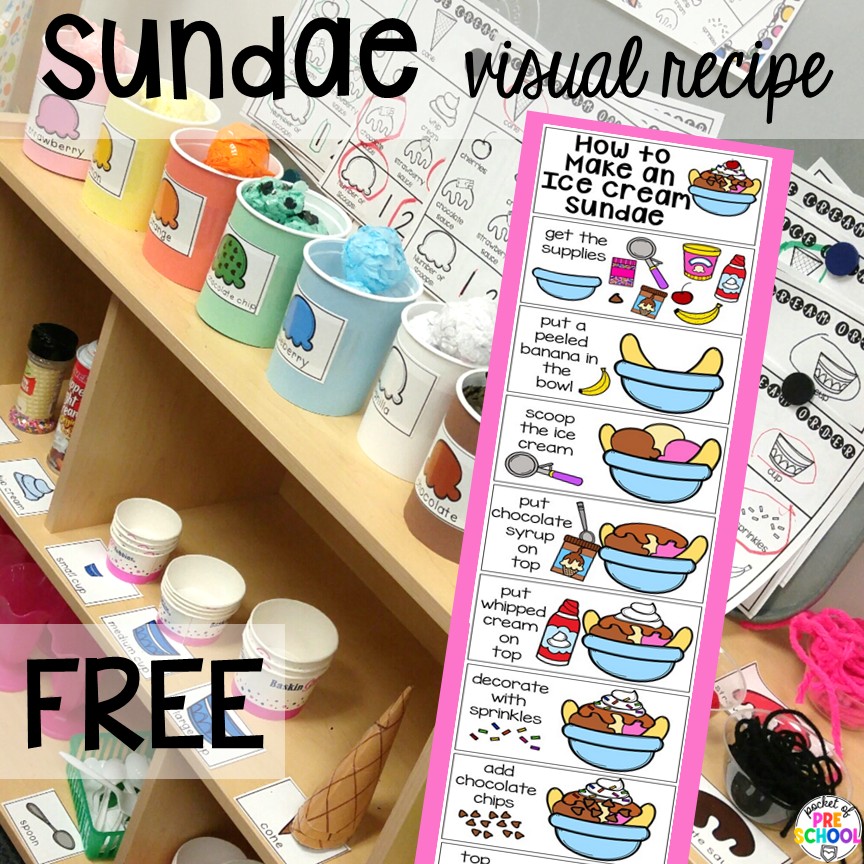 Ice Cream Dramatic Play 1 Sundae visual recipe freebie! Create an ice cream shop in your dramatic play area for hours of fun! Your preschool, pre-k, and kindergarten students will love taking orders, creating ice cream sundaes, and eating at the creamery!