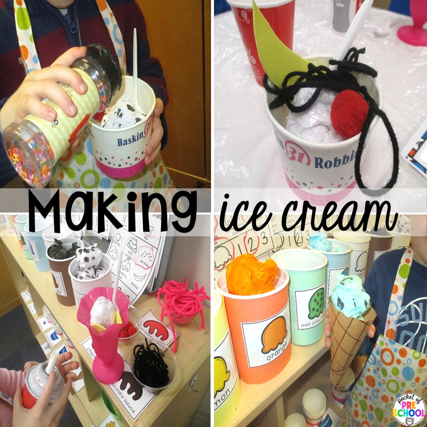 Ice Cream Shop Dramatic Play! How to set it up and embed learning opportunities. Perfect for preschool, pre-k, and kindergarten classrooms. Making ice cream! Create an ice cream shop in your dramatic play area for hours of fun! Your preschool, pre-k, and kindergarten students will love taking orders, creating ice cream sundaes, and eating at the creamery!