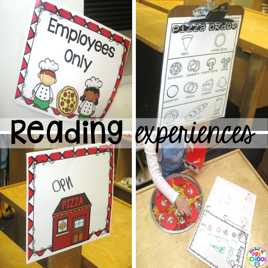 Pizza Restaurant Dramatic Play 9 Reading experiences! Transform your pretend area into a pizza restaurant for tons of math, literacy, and social skills! Preschool, pre-k, & kindergarten students can be the chef, visitor, or wait staff while they play in the pizza restaurant.