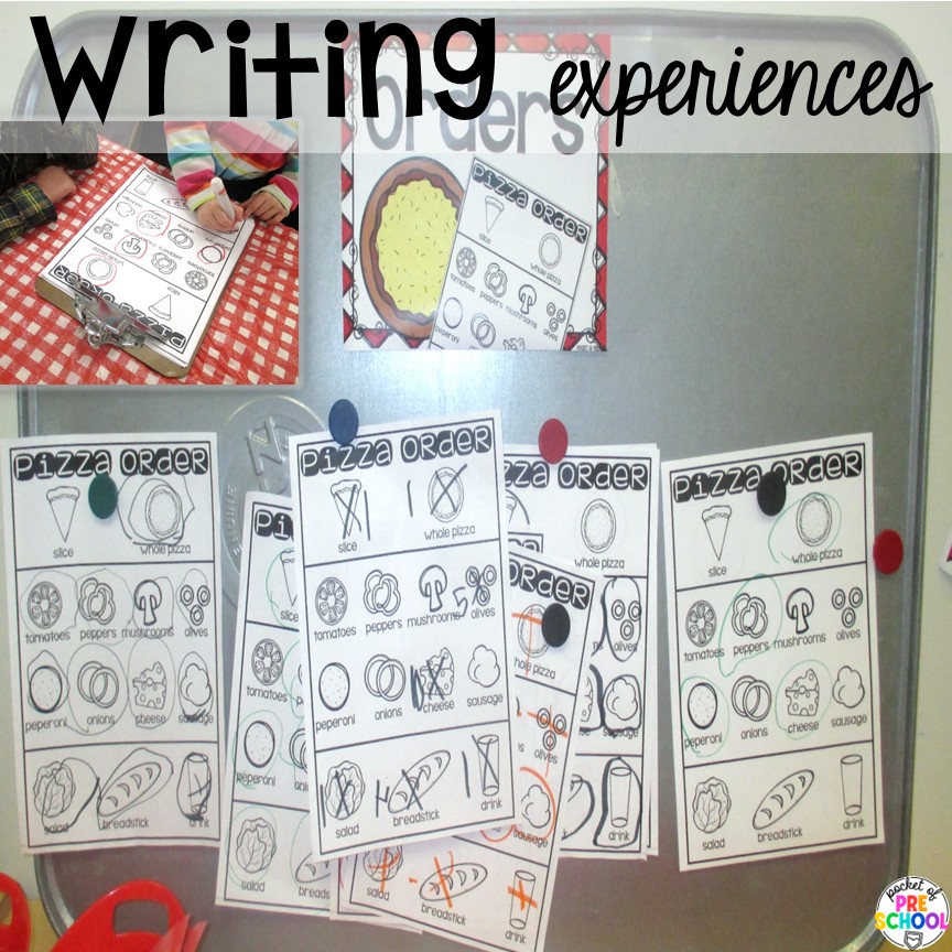 Pizza Restaurant Dramatic Play 12 Writing experiences! Transform your pretend area into a pizza restaurant for tons of math, literacy, and social skills! Preschool, pre-k, & kindergarten students can be the chef, visitor, or wait staff while they play in the pizza restaurant.