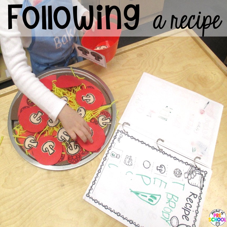 Pizza Restaurant Dramatic Play 11 Following a recipe! Transform your pretend area into a pizza restaurant for tons of math, literacy, and social skills! Preschool, pre-k, & kindergarten students can be the chef, visitor, or wait staff while they play in the pizza restaurant.