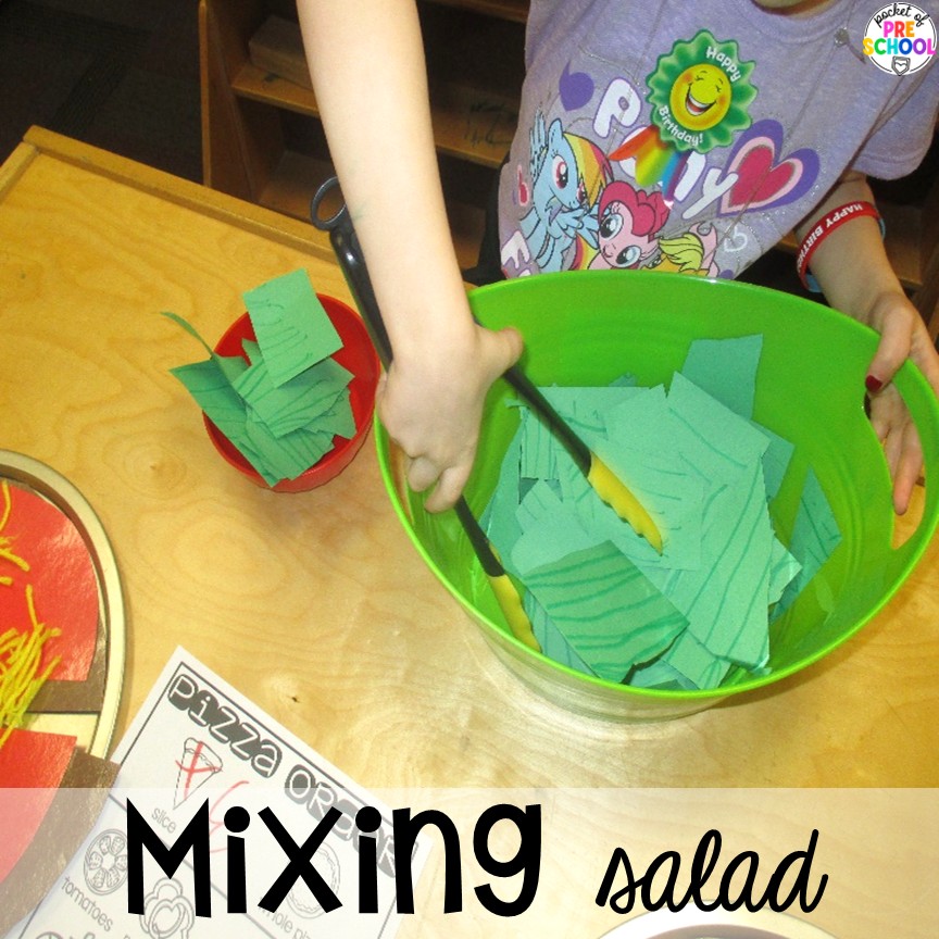 Pizza Restaurant Dramatic Play 5 Mixing salad! Transform your pretend area into a pizza restaurant for tons of math, literacy, and social skills! Preschool, pre-k, & kindergarten students can be the chef, visitor, or wait staff while they play in the pizza restaurant.