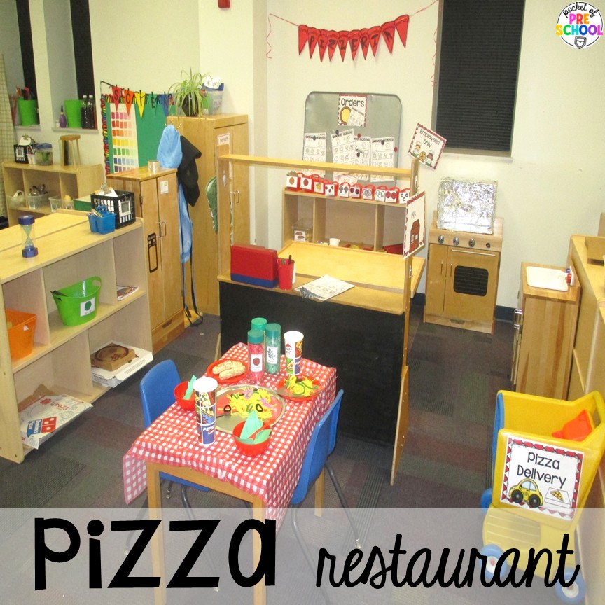 Tips and tricks on how to create a pizza restaurant in the dramatic play center in your early childhood classroom! Pizza restaurant! Transform your pretend area into a pizza restaurant for tons of math, literacy, and social skills! Preschool, pre-k, & kindergarten students can be the chef, visitor, or wait staff while they play in the pizza restaurant.