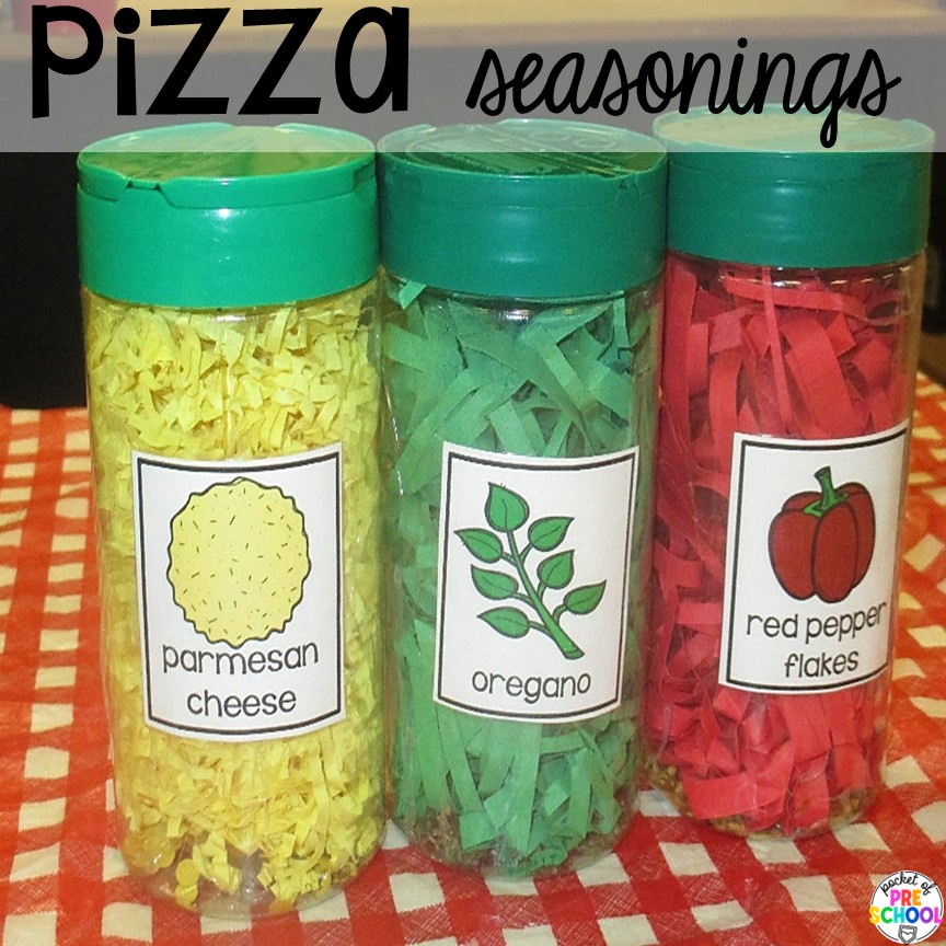 Pizza Restaurant Dramatic Play 4 Pizza seasonings! Transform your pretend area into a pizza restaurant for tons of math, literacy, and social skills! Preschool, pre-k, & kindergarten students can be the chef, visitor, or wait staff while they play in the pizza restaurant.