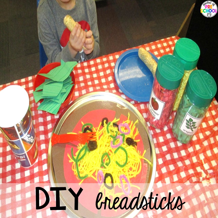 Pizza Restaurant Dramatic Play 6 DIY breadsticks! Transform your pretend area into a pizza restaurant for tons of math, literacy, and social skills! Preschool, pre-k, & kindergarten students can be the chef, visitor, or wait staff while they play in the pizza restaurant.