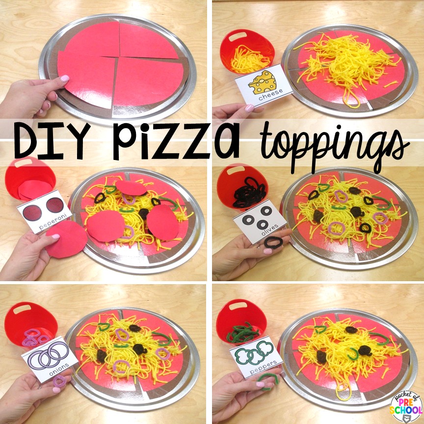 Pizza Restaurant Dramatic Play 3 DIY pizza toppings! Transform your pretend area into a pizza restaurant for tons of math, literacy, and social skills! Preschool, pre-k, & kindergarten students can be the chef, visitor, or wait staff while they play in the pizza restaurant.