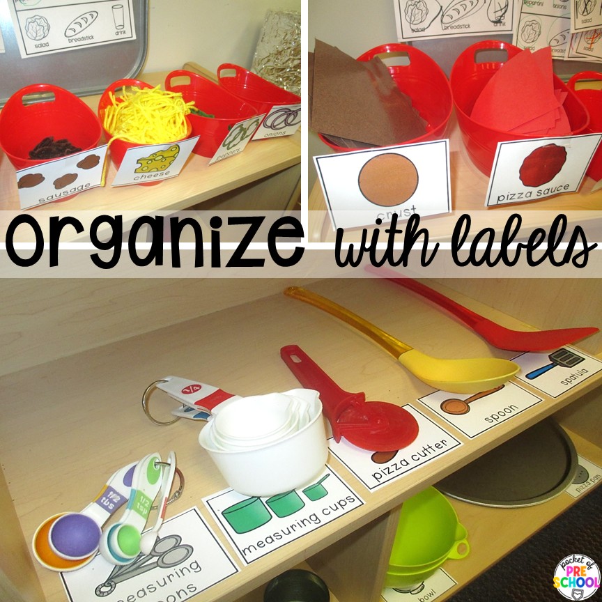 Pizza Restaurant Dramatic Play 2 Organize with labels! Transform your pretend area into a pizza restaurant for tons of math, literacy, and social skills! Preschool, pre-k, & kindergarten students can be the chef, visitor, or wait staff while they play in the pizza restaurant.