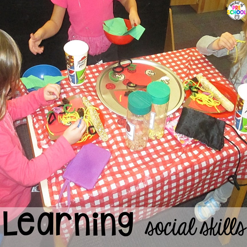 Pizza Restaurant Dramatic Play 14 Learning social skills! Transform your pretend area into a pizza restaurant for tons of math, literacy, and social skills! Preschool, pre-k, & kindergarten students can be the chef, visitor, or wait staff while they play in the pizza restaurant.