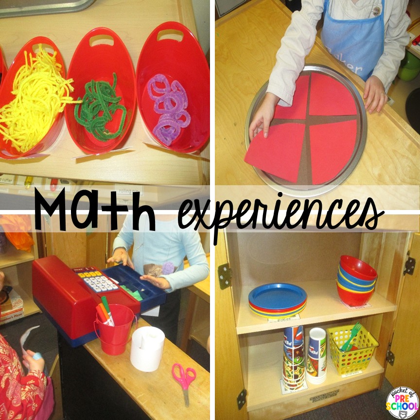 Pizza Restaurant Dramatic Play 13 Math experiences! Transform your pretend area into a pizza restaurant for tons of math, literacy, and social skills! Preschool, pre-k, & kindergarten students can be the chef, visitor, or wait staff while they play in the pizza restaurant.