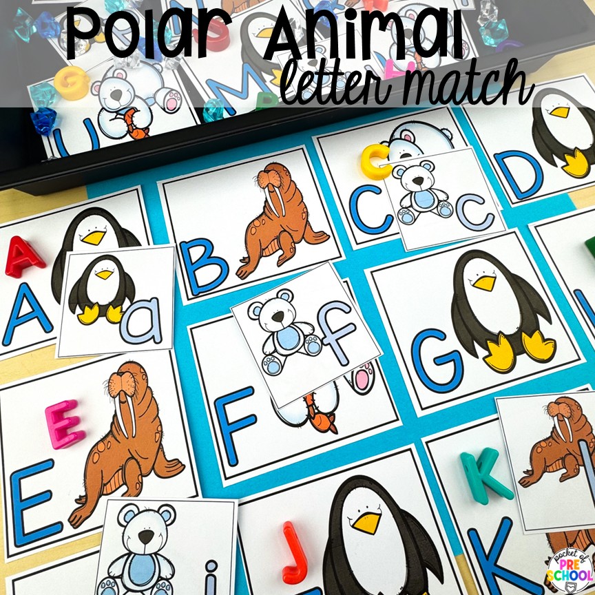 Polar Animal Letter Match! Zoo centers & activities for math, literacy, science, fine motor, sensory, art, & more! These zoo activities are designed for preschool, pre-k, and kindergarten.