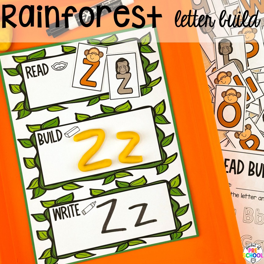 Rainforest Letter Build! Zoo centers & activities for math, literacy, science, fine motor, sensory, art, & more! These zoo activities are designed for preschool, pre-k, and kindergarten.