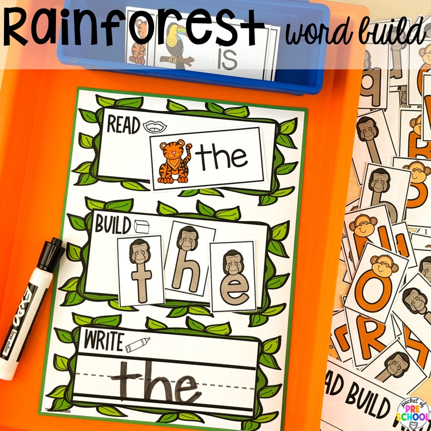 Rainforest Word Build! Zoo centers & activities for math, literacy, science, fine motor, sensory, art, & more! These zoo activities are designed for preschool, pre-k, and kindergarten.