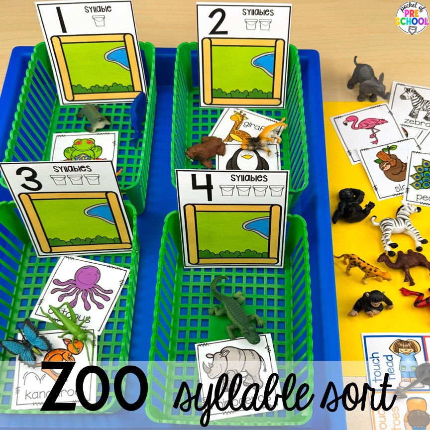 Zoo Syllable Sort! Zoo centers & activities for math, literacy, science, fine motor, sensory, art, & more! These zoo activities are designed for preschool, pre-k, and kindergarten.