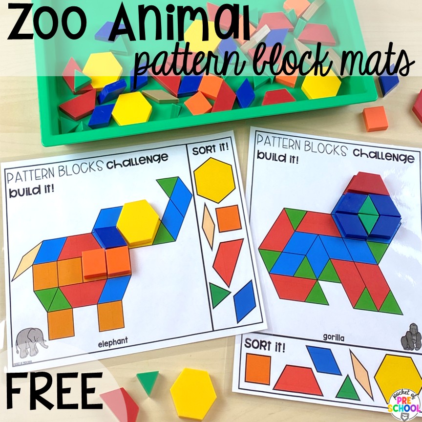 Zoo Animal Pattern Block Mats Freebie! Zoo centers & activities for math, literacy, science, fine motor, sensory, art, & more! These zoo activities are designed for preschool, pre-k, and kindergarten.