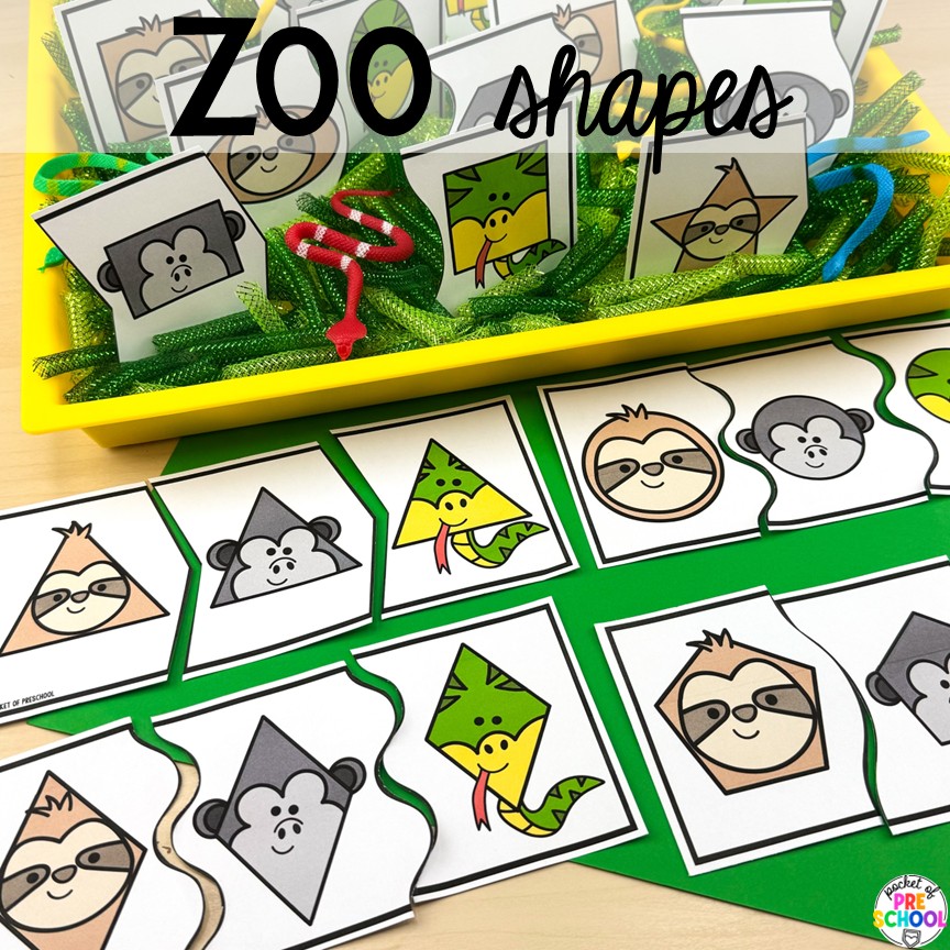 Zoo Shapes! Zoo centers & activities for math, literacy, science, fine motor, sensory, art, & more! These zoo activities are designed for preschool, pre-k, and kindergarten.