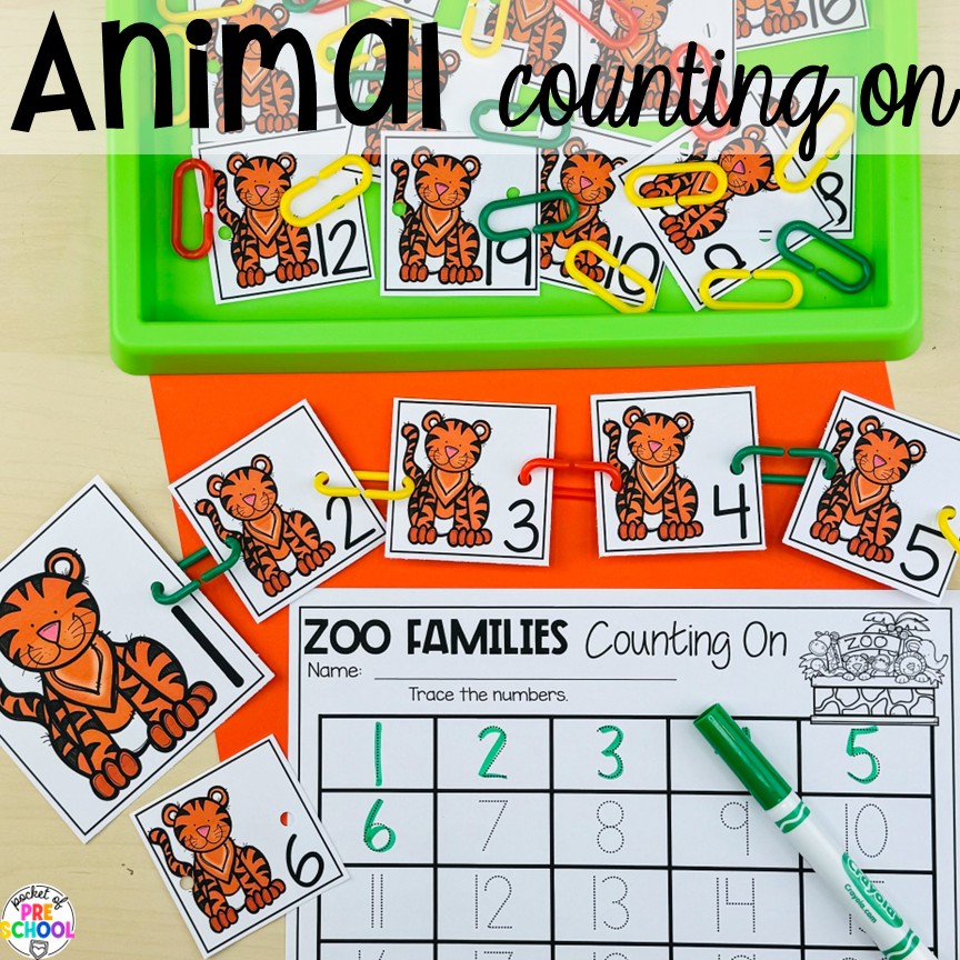 Animal Counting On! Zoo centers & activities for math, literacy, science, fine motor, sensory, art, & more! These zoo activities are designed for preschool, pre-k, and kindergarten.
