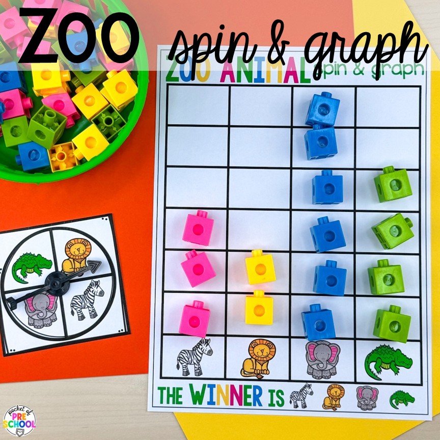 Zoo Spin & Graph! Zoo centers & activities for math, literacy, science, fine motor, sensory, art, & more! These zoo activities are designed for preschool, pre-k, and kindergarten.