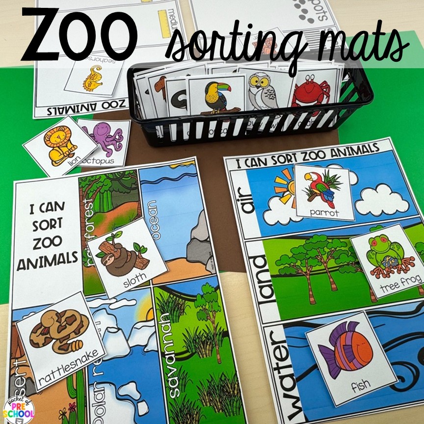 Zoo Sorting Mats! Zoo centers & activities for math, literacy, science, fine motor, sensory, art, & more! These zoo activities are designed for preschool, pre-k, and kindergarten.