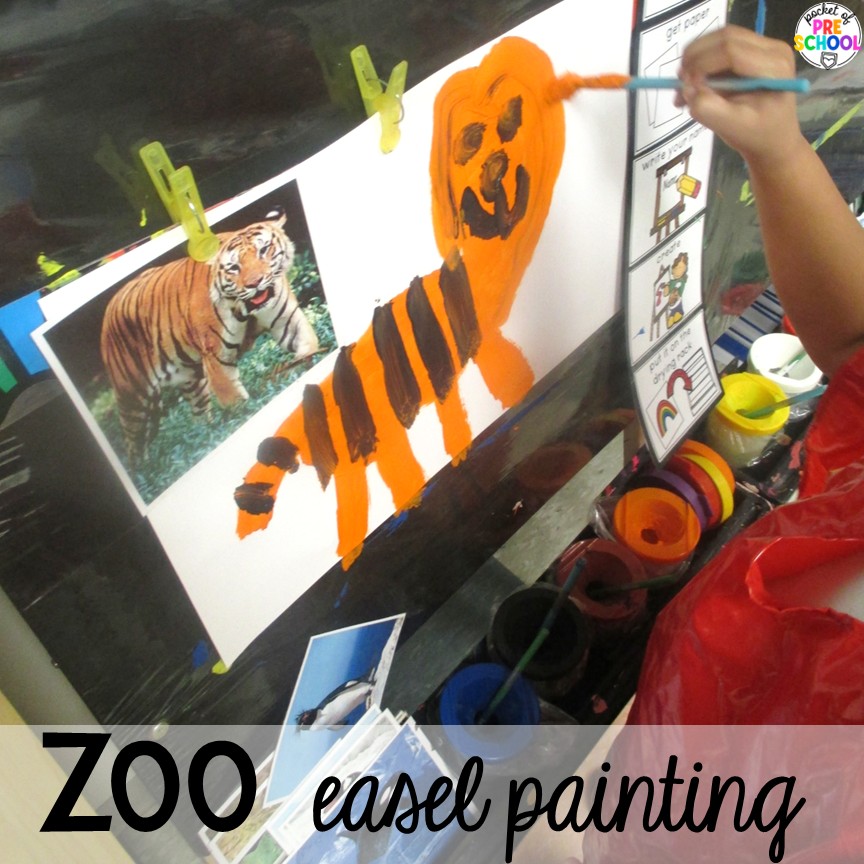 Zoo Easel Painting! Zoo centers & activities for math, literacy, science, fine motor, sensory, art, & more! These zoo activities are designed for preschool, pre-k, and kindergarten.