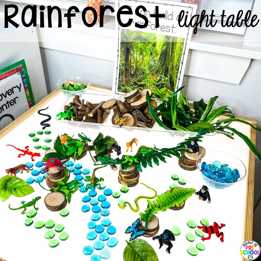 Rainforest Light Table! Zoo centers & activities for math, literacy, science, fine motor, sensory, art, & more! These zoo activities are designed for preschool, pre-k, and kindergarten.