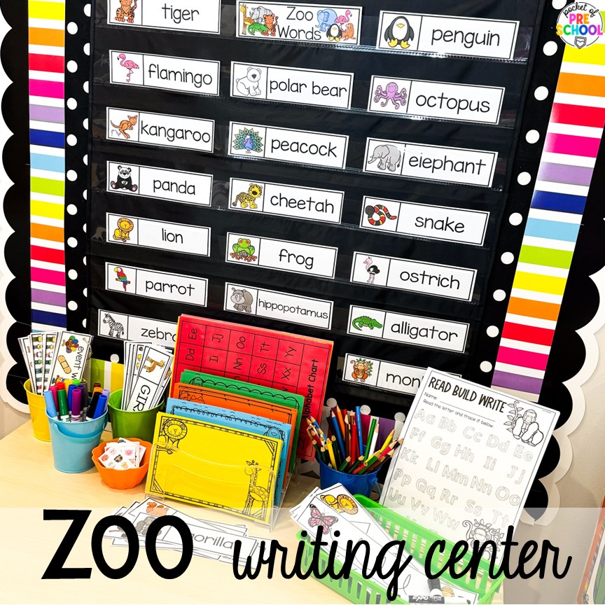 Zoo Writing Center! Zoo centers & activities for math, literacy, science, fine motor, sensory, art, & more! These zoo activities are designed for preschool, pre-k, and kindergarten.