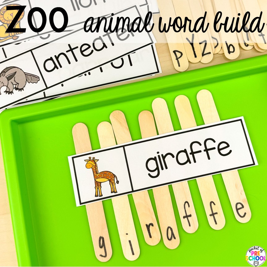 Zoo Animal Word Build! Zoo centers & activities for math, literacy, science, fine motor, sensory, art, & more! These zoo activities are designed for preschool, pre-k, and kindergarten.