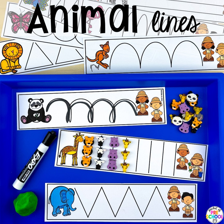 Animal Lines! Zoo centers & activities for math, literacy, science, fine motor, sensory, art, & more! These zoo activities are designed for preschool, pre-k, and kindergarten.